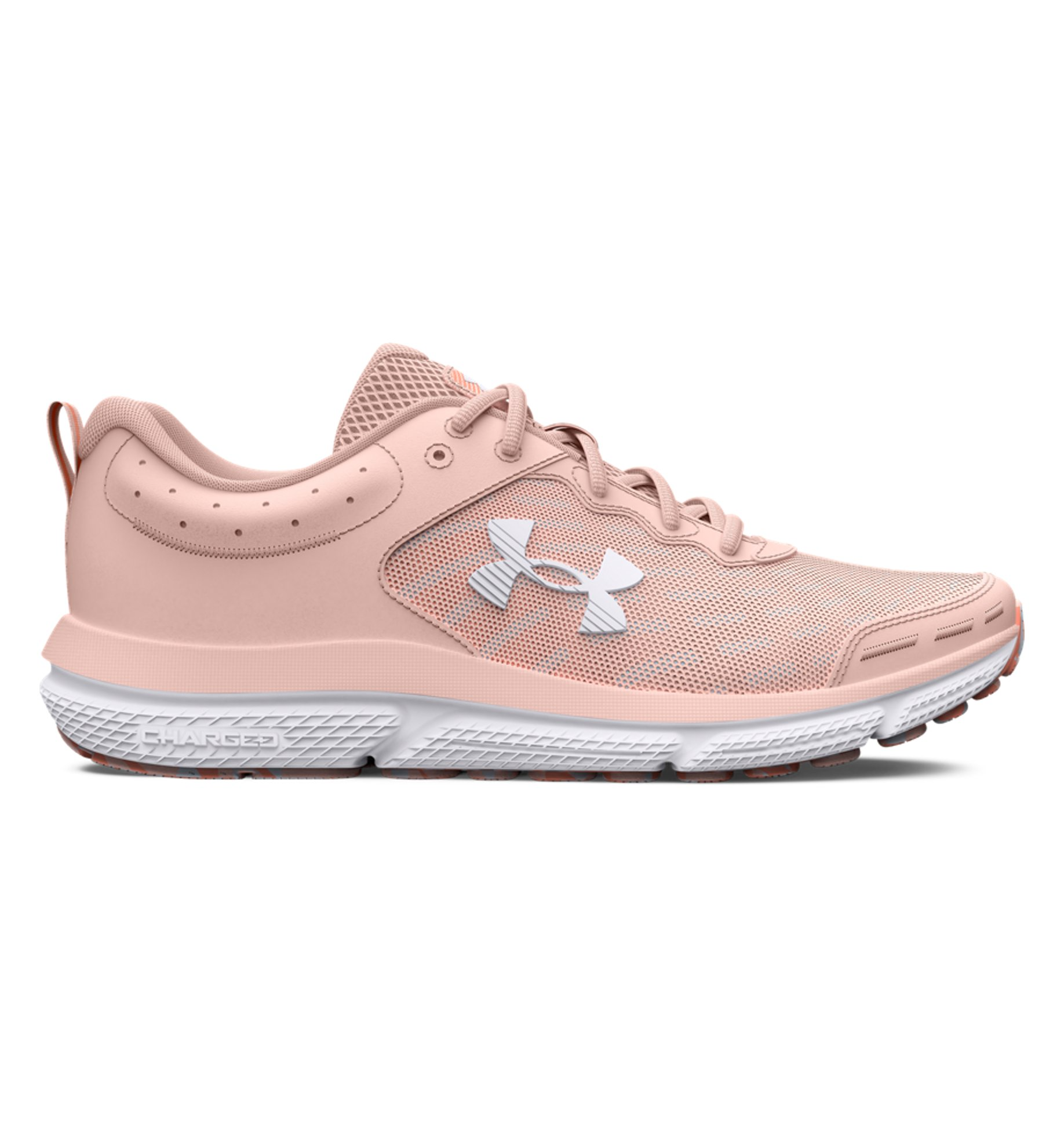 Under Armour Women's UA Charged Assert 10 running shoes in pink, featuring breathable mesh upper and Charged Cushioning for impact protection.